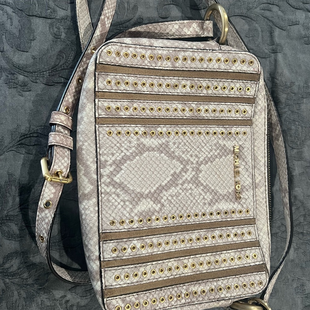 Michael Kors Light Taupe Snake-Print Crossbody with Gold Studs